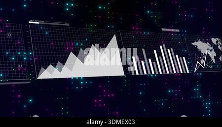 Displaying three tilted data panels floating in dark virtual space, showing gridlines, charts, map Stock Photo