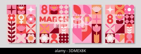 Modern geometric March posters with colorful abstract spring patterns. Stock Vector
