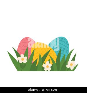 colorful easter eggs in the grass; concept of egg hunt which is a game typically played during Easter- vector illustration Stock Vector