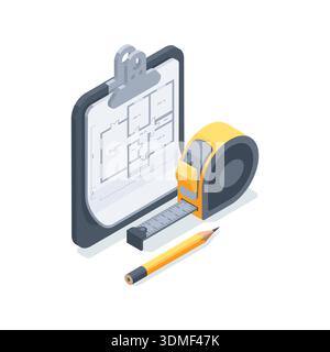 isometric vector tablet with house drawing and tape measure with pencil, in color on white background, housing project or building area measurements Stock Vector