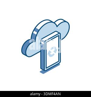 Isometric vector linear icon of cloud and smartphone with circular arrows, in color on white background, synchronization of devices or data exchange w Stock Vector