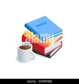 isometric vector books and cup of coffee, in color on white background, library or study Stock Vector