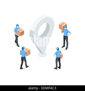 Isometric vector loaders with boxes near location icon, in color on white background, delivery service or postal service Stock Vector