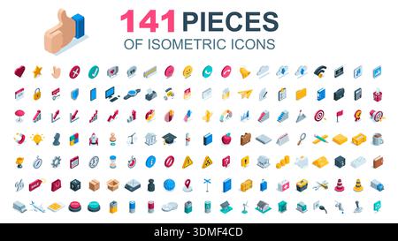 great set of 141 pieces isometric vector icons, in color on white background, social networks and business as well as finance and logistics and green Stock Vector