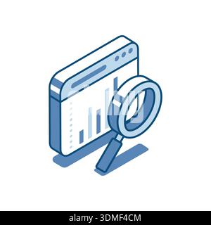 Isometric vector linear icon of magnifying glass and program window with chart, in color on white background, financial analytics or work with statist Stock Vector