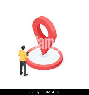 isometric vector icon of location on round platform and business man with smartphon, in color on white background, isometric vector concept business p Stock Vector