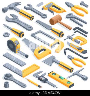 isometric vector set of hand tool icons, in color on a white background, hammer next to a wrench and also a saw and tape measure with a screwdriver an Stock Vector