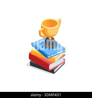 isometric vector books and trophy, in color on white background, academic achievement or knowledge Stock Vector