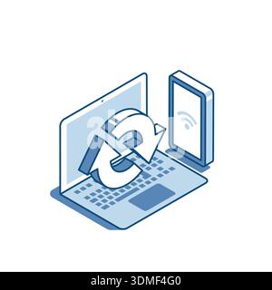 Isometric vector linear icon of laptop and smartphone with circular arrows, in color on white background, synchronization of devices or remote data tr Stock Vector