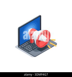 isometric vector loudspeaker icon and laptop, in color on white background, marketing or attraction or advertising Stock Vector