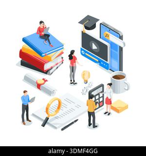 isometric vector illustration on the topic of online education and courses, in color on a white background, people with tablets and phones near a smar Stock Vector