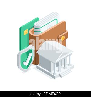 Isometric vector bank with wallet and shield with check mark, in color on white background, online banking and reliability Stock Vector