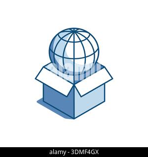 isometric vector linear icon of globe in open box, in color on white background, world logistics or mail Stock Vector