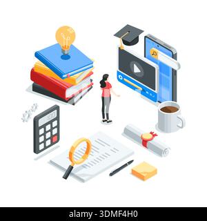 isometric vector illustration on the topic of online education and courses, in color on a white background, woman near a smartphone and books Stock Vector