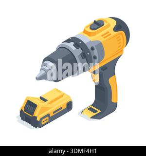 isometric vector screwdriver and battery, in color on a white background, cordless handheld electric tool for repair and construction Stock Vector