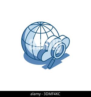 isometric vector magnifier and globe with cloud linear icon, in color on white background, online internet search or cloud service Stock Vector