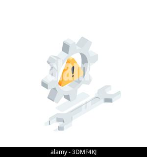 Isometric vector wrench and gear with exclamation mark icon, in color on white background, 404 error or repair and maintenance Stock Vector
