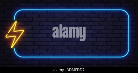 Blue neon frame with yellow lightning on dark brick background. Electric design adds power and modern tech atmosphere. Stock Vector