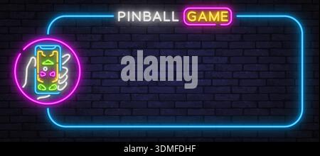 Bright neon vector banner with the text Pinball Game and arcade style graphics. Suitable for gaming interfaces, retro layouts, and event visuals. Stock Vector