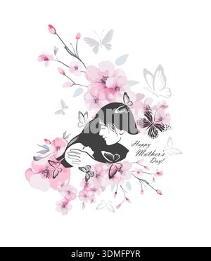 Mother's Day. Mother and child with cherry blossoms. . Hand drawn. Not AI, vector illustration. Stock Vector