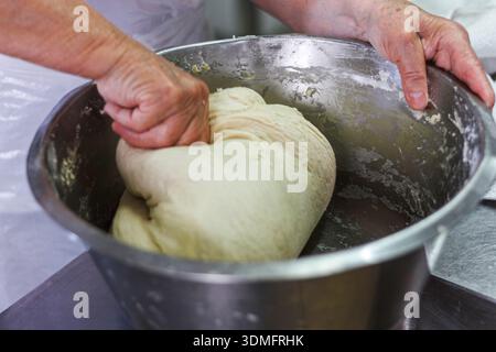 Close up of baker hands kneading fresh dough in a large bowl showing the authentic process of bread making. Stock Photo