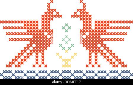 Two birds are embroidered on a piece of fabric Stock Vector