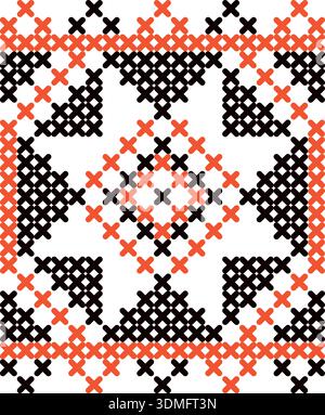 A black and white patterned piece of fabric with red and orange squares Stock Vector