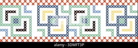 A colorful pattern of squares and triangles is embroidered on a white background Stock Vector