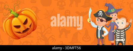 A Halloween themed banner with a pumpkin, pirate, and skeleton Stock Vector
