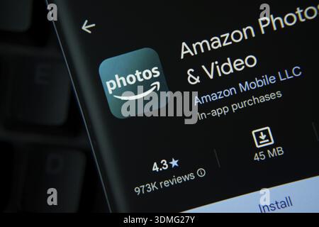 Dhaka, Bangladesh- 27 July 2025: Amazon photos app from Google Playstore is displayed on a smartphone screen Stock Photo