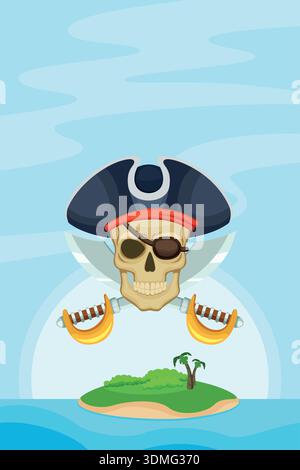 Pirate island vertical banner. Cartoon kid party flyer Stock Vector