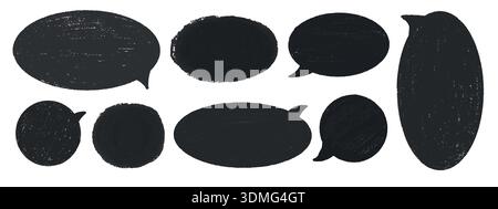 Hand-drawn box frames with crayon textures. Set of black chalk doodle speech bubbles and pencil sketches, for creative designs Stock Vector