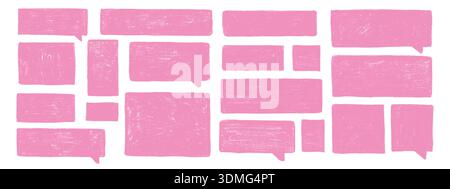 Pastel colored box frames with crayon textures. Set of pink hand-drawn square and rectangular chalk-style speech bubbles Stock Vector