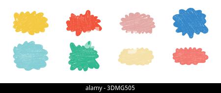 Cute pastel doodle box frames with crayon texture. Set of colorful hand-drawn abstract blobs and borders Stock Vector