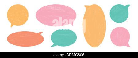 Colorful crayon doodle frames and pastel boxes. Cute childish speech bubbles with pencil scribbles texture, and playful chalk-style borders Stock Vector