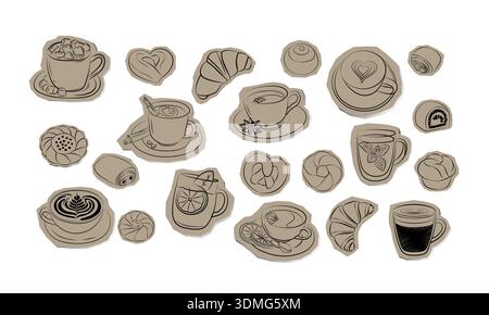Hand Drawn Coffee and Bakery Sticker Set in Neutral Earth Tones Stock Vector