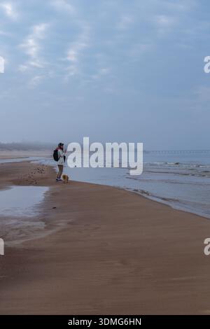A person with a backpack walks a small dog on a misty Baltic beach. A long pier extends into the sea. Cool blue tones and haze suggest early or late l Stock Photo