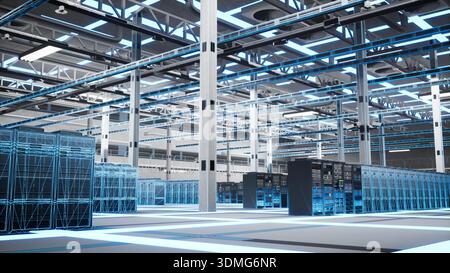 Big data, complex calculations and database servers in server farm, digital twin mapping. Blue wireframe mesh of data center equipment used for information processing and advanced analytics Stock Photo