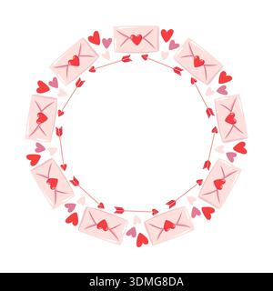 Cartoon round frame with love letters, hearts and cupid arrows in soft pink and red colors. Vector isolated illustration  Stock Vector