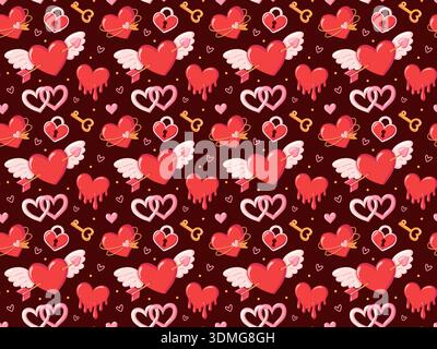 Seamless Valentine hearts pattern with cartoon wings arrows locks and keys. Hand drawn romantic vector background  Stock Vector