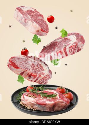Fresh beef steaks falling on beige background Stock Photo