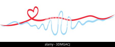 Continuous squiggle line clear heart silhouette in the center. Black freehand cable style stroke works as romantic divider for love quotes, wedding cards and Valentine layouts on white background. Stock Vector