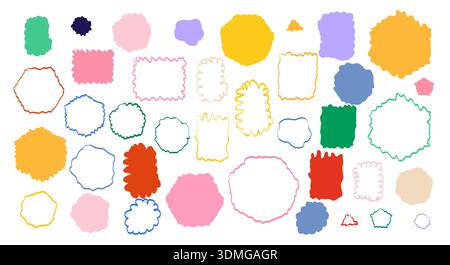 Set of colorful wavy sticker shapes. Bright blobs with hand-drawn edges for playful labels, collage accents and decorative patches. Irregular border silhouettes vector illustration. Stock Vector