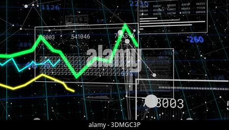 Displaying bright neon green jagged line graph centered on virtual dashboard, with HUD panels Stock Photo