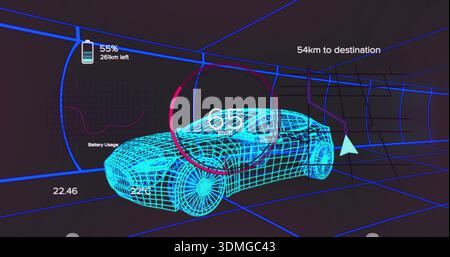 Displaying cyan wireframe car model moving in sim tunnel cockpit, showing speed gauge, battery 55% Stock Photo