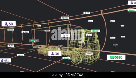 Displaying wireframe flatbed truck rotating inside orange grid tunnel with floating data badges Stock Photo