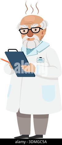 Thinking scientist mascot. Senior man in lab coat Stock Vector