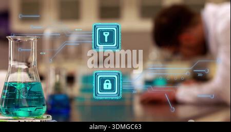 Sitting Erlenmeyer flask holding teal liquid on lab bench, security icons and lab coat, copy space Stock Photo