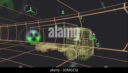 Displaying neon green wireframe truck traveling through orange grid tunnel, with floating eco icons Stock Photo