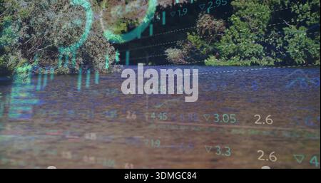 Showing water surface displaying translucent cyan HUD elements over river, with numerical readouts Stock Photo